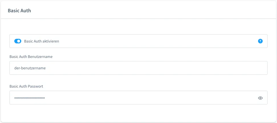 Konfiguration, des Passwortschutzes, bestehend aus einer Schaltfläche zum Aktivieren und je einem Feld für Benutzername und Passwort.
